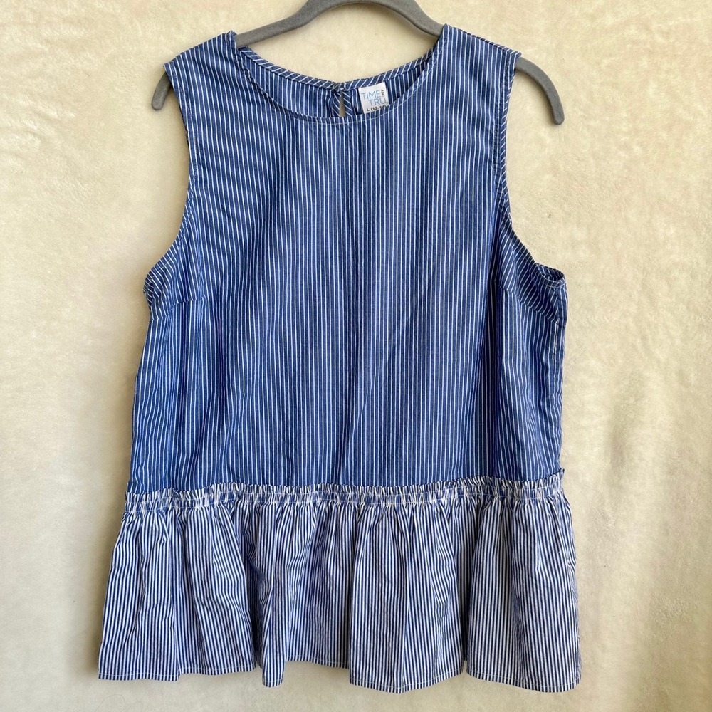 Time and Tru Navy and White Striped Sleeveless Peplum Tank